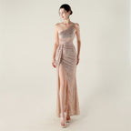 New one-shoulder diagonal collar sequined dress, bead chain decoration, nightclub banquet wedding