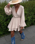 Fashion Solid Color Waist Cinching Mini Dress