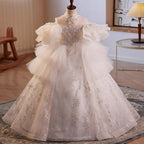 Elegante vestido de princesa de malla abullonada con estampado blanco para niñas pequeñas, vestido largo de primera comunión 