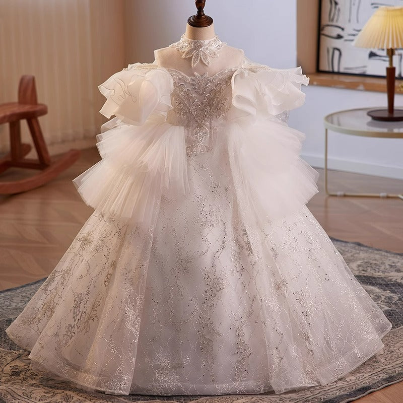 Elegante vestido de princesa de malla abullonada con estampado blanco para niñas pequeñas, vestido largo de primera comunión 