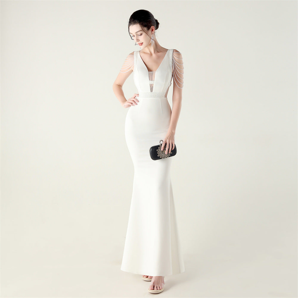 New deep V-neck high-density beads decorative slim-fitting evening dress banquet wedding performance