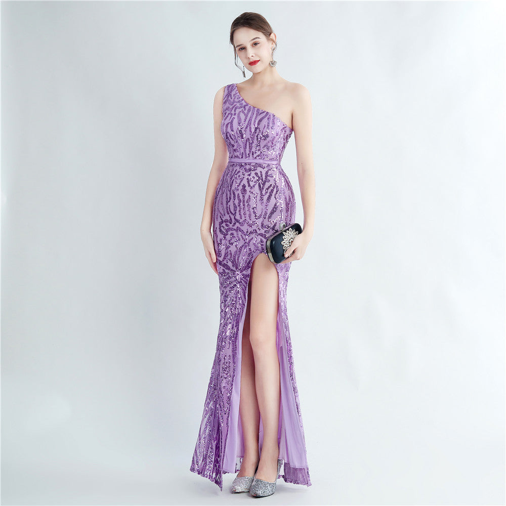 Positioning flower beads single shoulder diagonal collar side split fork long evening dress
