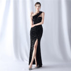 New product craftsmanship order ostrich plush bottom handmade bead high-end shoulder evening dress