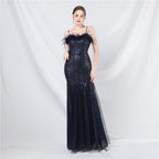 New craft order ostrich hair mesh bead long evening dress