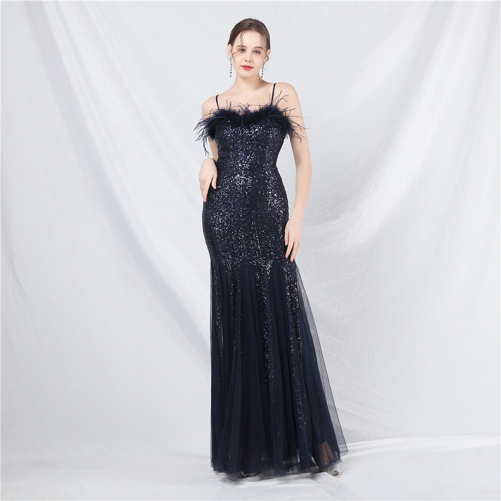 New craft order ostrich hair mesh bead long evening dress
