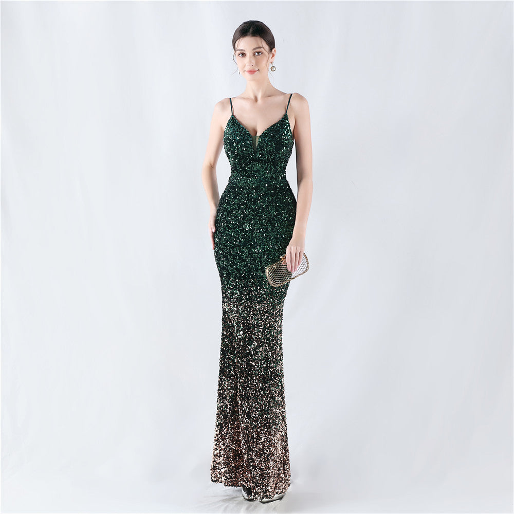 New fleece bottom gradual change bead sexy suspender evening dress