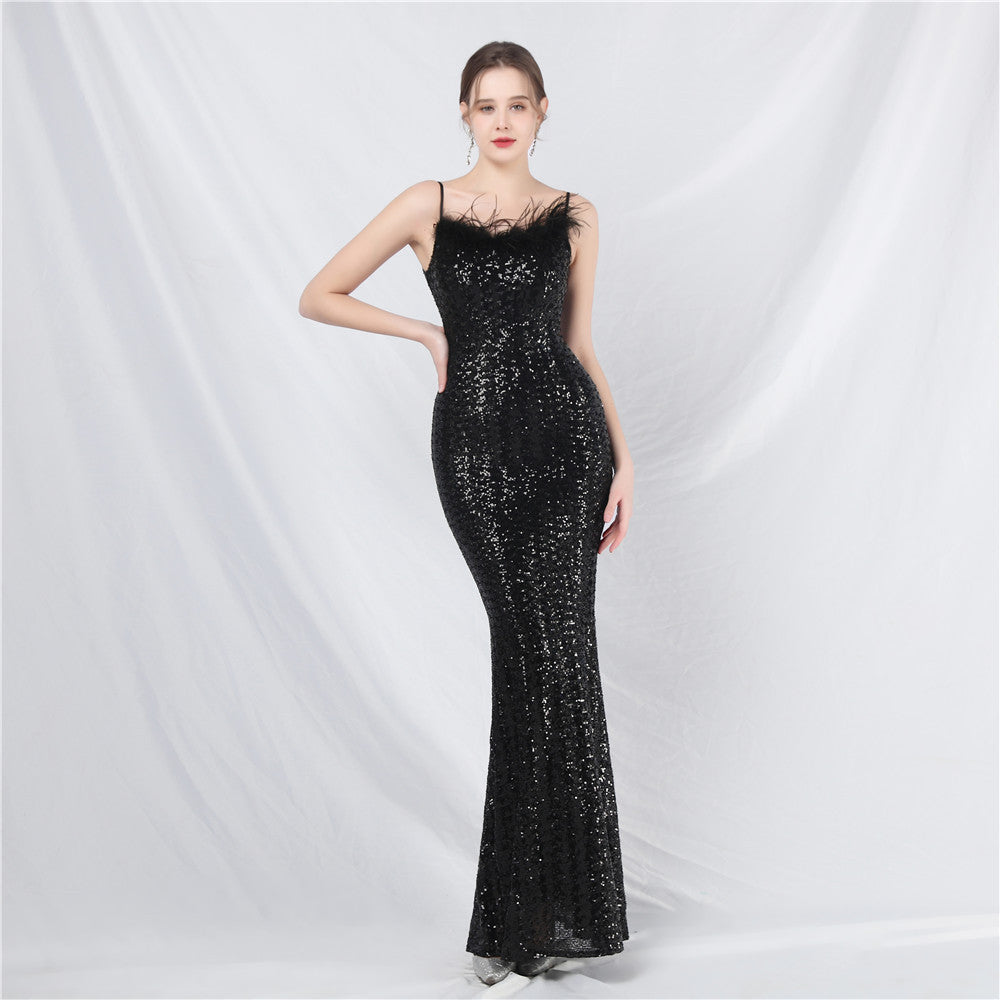 New Craft Ostrich Hair High-end Symphony Bead Evening Dress Banquet Party Dress