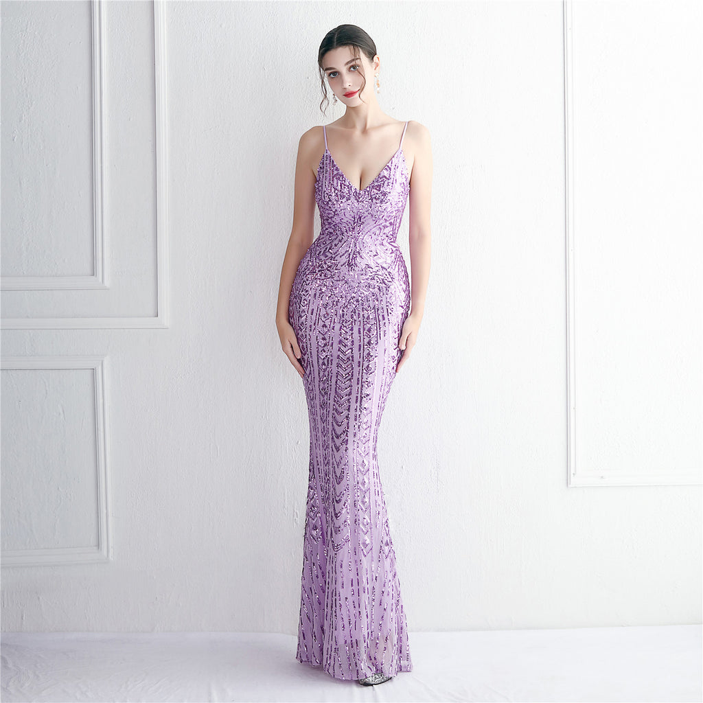 Positioning flower suspender party sequined dress long banquet slim evening dress temperament fishtail skirt