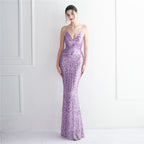 Positioning flower suspender party sequined dress long banquet slim evening dress temperament fishtail skirt