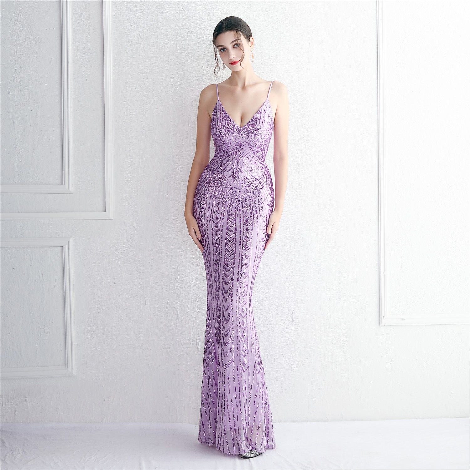 Positioning flower suspender party sequined dress long banquet slim evening dress temperament fishtail skirt