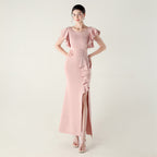 Heavy Industry Bead Tube Satin Evening Dress Deep V Lotus Leaf Pendant Bead Chain Bead Ordering Banquet Skirt