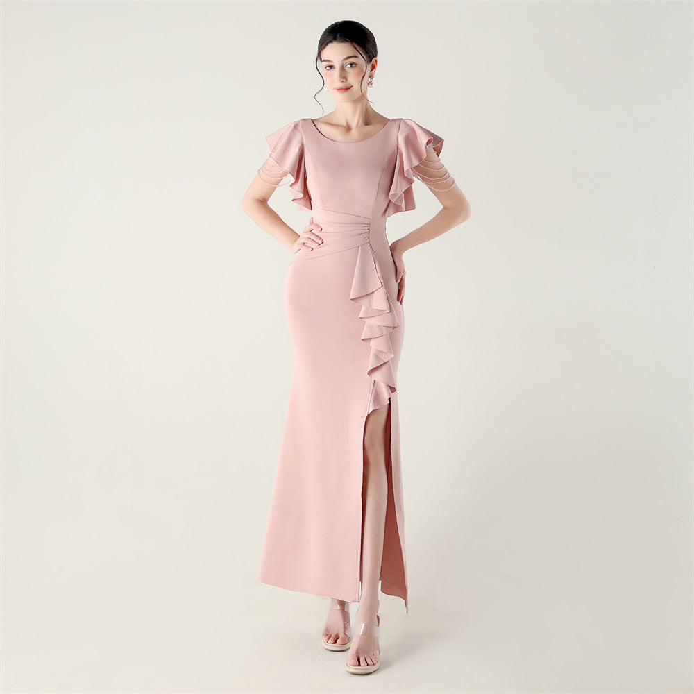 Heavy Industry Bead Tube Satin Evening Dress Deep V Lotus Leaf Pendant Bead Chain Bead Ordering Banquet Skirt