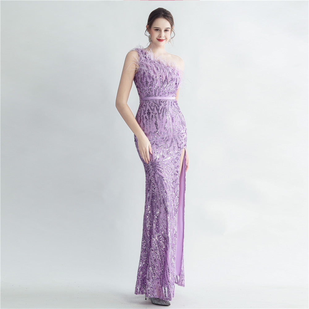 Heavy industry ostrich hair craft bundle hair slant shoulder side split high-end evening dress