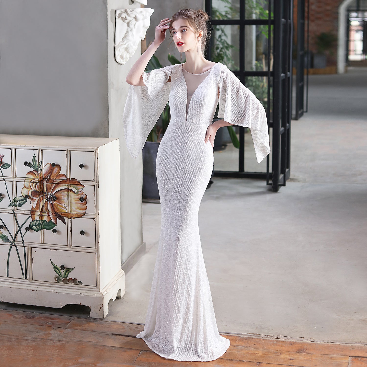 Angel wings sequined fishtail banquet elegant temperament annual meeting host car model party dress female summer