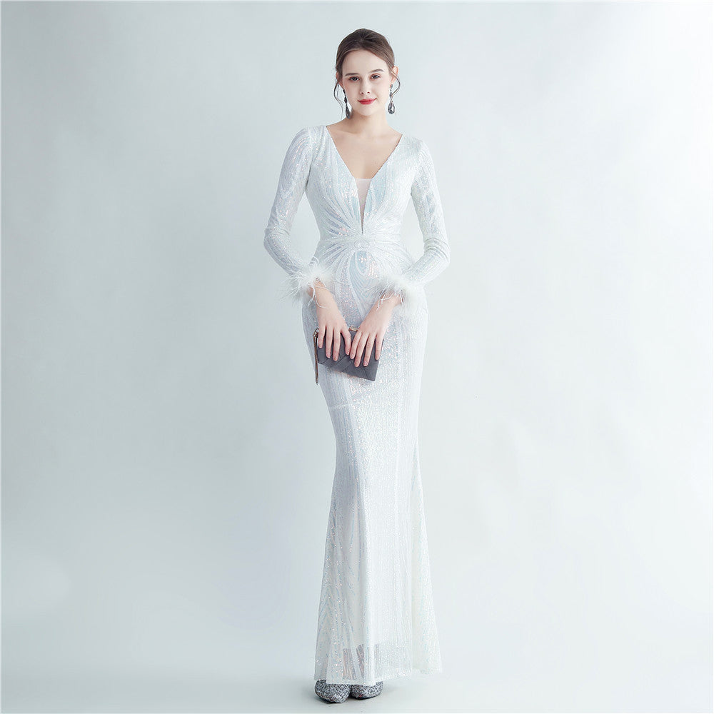New product positioning flower bead piece craft ostrich hair high-end long-sleeved evening dress