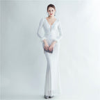 New product positioning flower bead piece craft ostrich hair high-end long-sleeved evening dress
