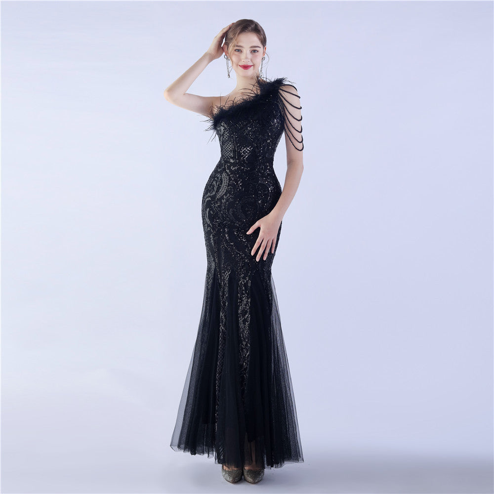 New craft beads and ostrich feathers high-end sequin evening dress