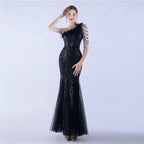 New craft beads and ostrich feathers high-end sequin evening dress