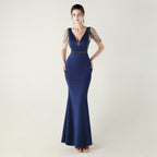 New deep V-neck high-density beads decorative slim-fitting evening dress banquet wedding performance