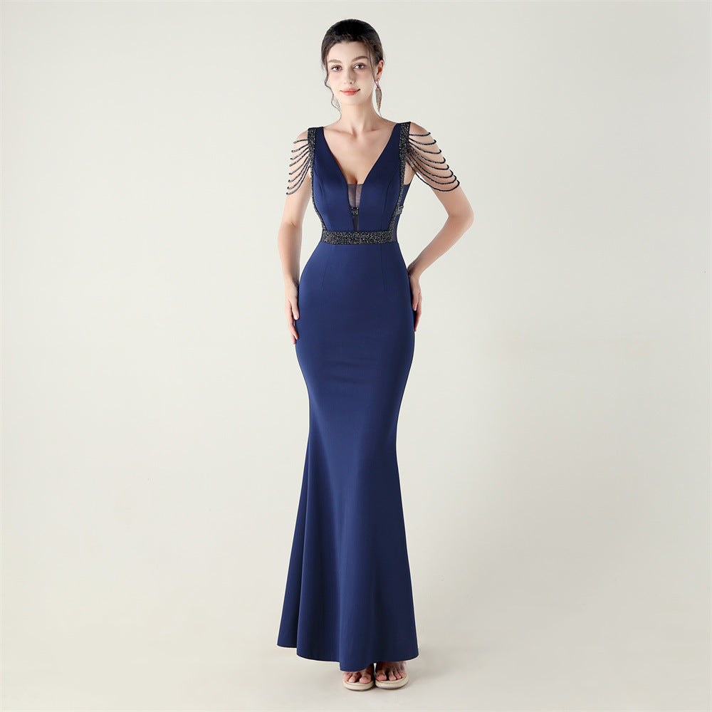 New deep V-neck high-density beads decorative slim-fitting evening dress banquet wedding performance