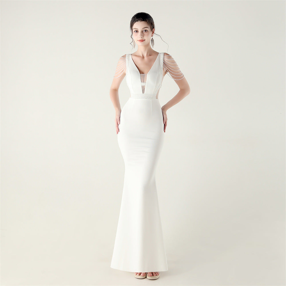 New deep V-neck high-density beads decorative slim-fitting evening dress banquet wedding performance