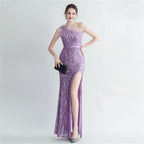 Heavy industry ostrich hair craft bundle hair slant shoulder side split high-end evening dress