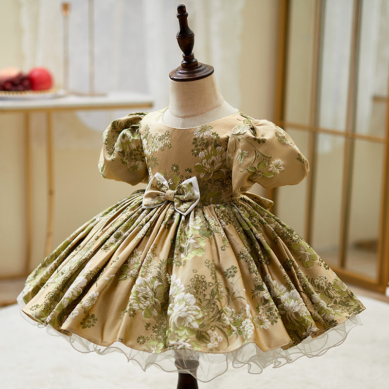Kleinkind-Abendkleid, Mädchen-Kommunionskleid, Vintage-Rundhalsausschnitt, bedrucktes Prinzessinnenkleid 