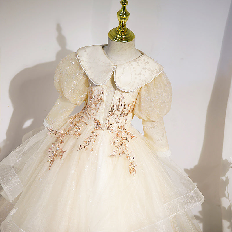 Blumenmädchenkleid für Kinder, Kommunion, Sommer, elegant, Pailletten, Puppenkragen, flauschig, Taufkleid 