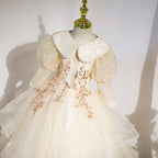 Blumenmädchenkleid für Kinder, Kommunion, Sommer, elegant, Pailletten, Puppenkragen, flauschig, Taufkleid 