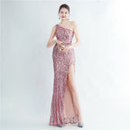 Positioning flower beads single shoulder diagonal collar side split fork long evening dress