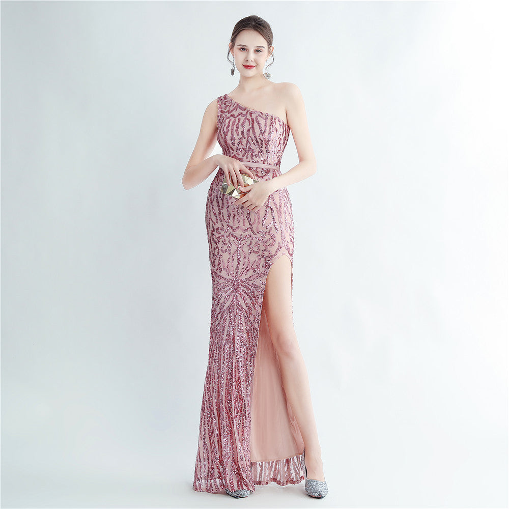 Positioning flower beads single shoulder diagonal collar side split fork long evening dress