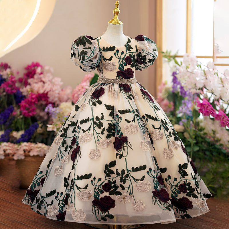 Vestido de niña pequeña para comunión, mangas abullonadas, bordado de rosas, vestido de princesa para fiesta de boda 