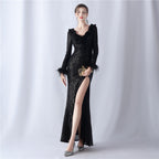 High-end evening dress decorated with ostrich hair craft wavy beads