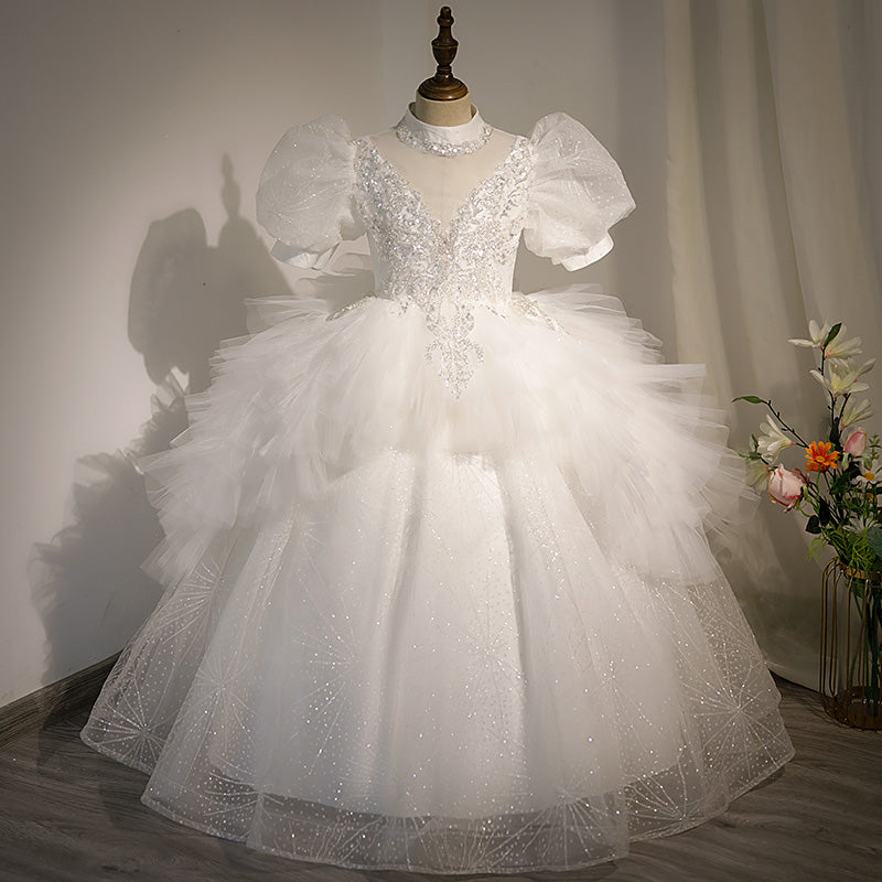 Kommunionkleid für Kinder, Blumenmädchenkleid, weiß, elegant, festlich, Hochzeit, bauschig, Prinzessinnenkleid 