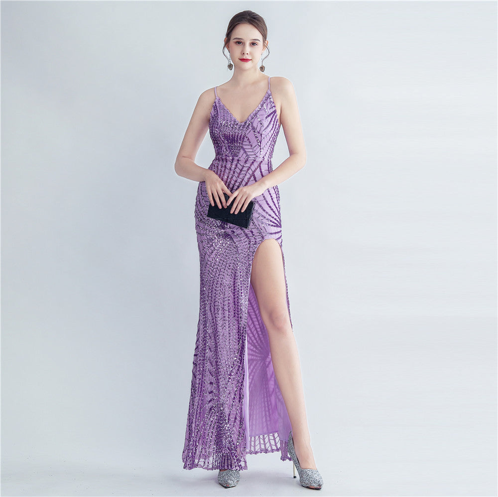 New high-density sequins bundled waist styling side split high-end evening dress