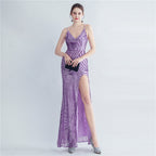 New high-density sequins bundled waist styling side split high-end evening dress
