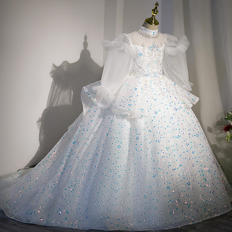 Mädchen Kommunionskleid, Kindergeburtstagskleid, weißes Paillettenkleid mit Schleppe 