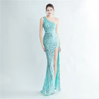 Positioning flower beads single shoulder diagonal collar side split fork long evening dress