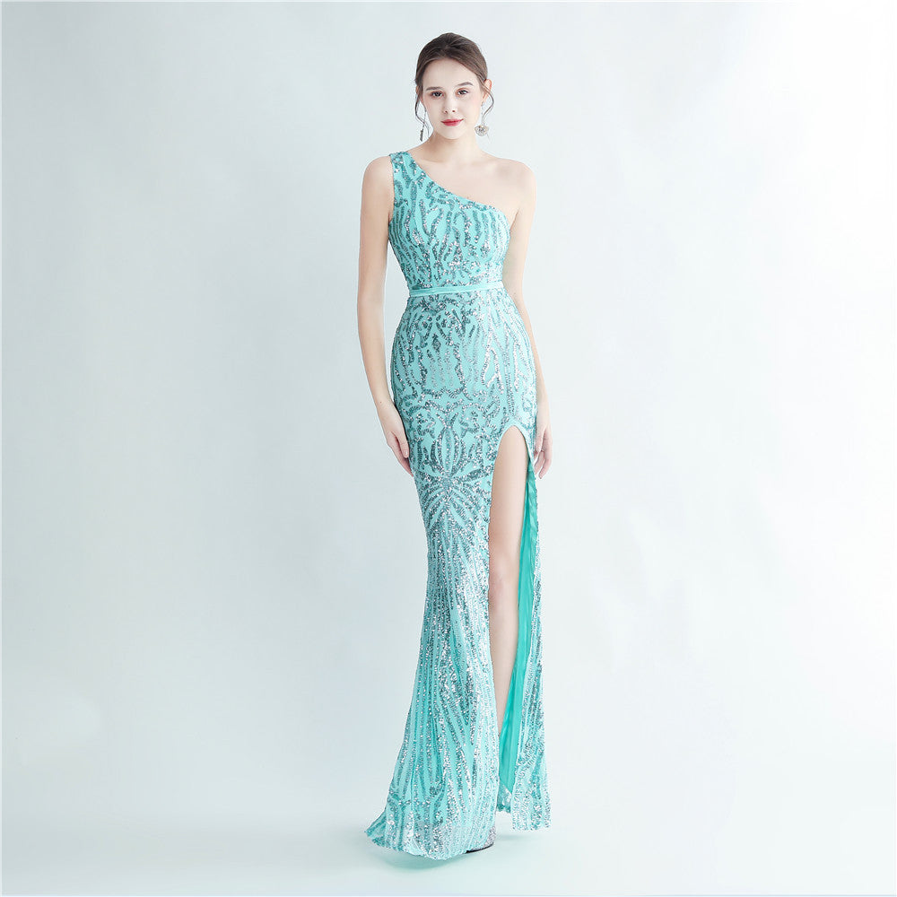 Positioning flower beads single shoulder diagonal collar side split fork long evening dress