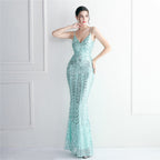 Positioning flower suspender party sequined dress long banquet slim evening dress temperament fishtail skirt