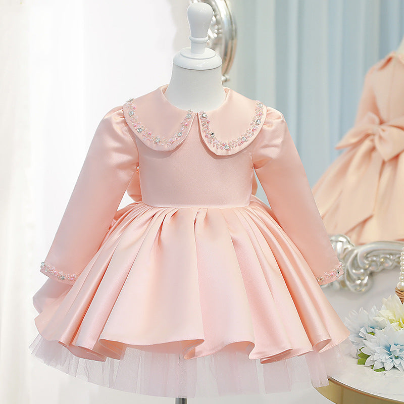 Vestido de comunión para niña, fiesta de cumpleaños, manga larga, cuello de muñeca, vestido de princesa con cuentas 