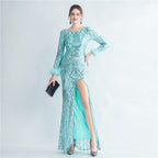 High-density ostrich hair beads long-sleeved fishtail high-end evening dress