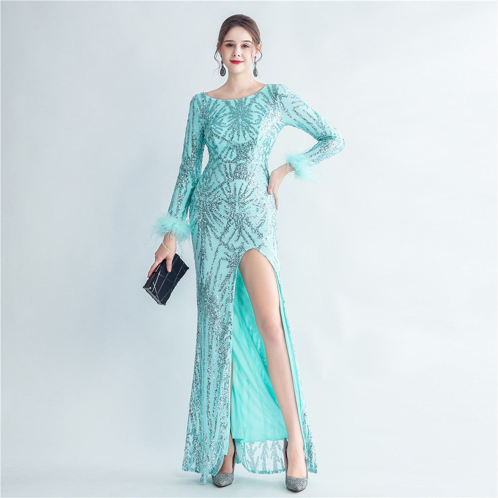 High-density ostrich hair beads long-sleeved fishtail high-end evening dress