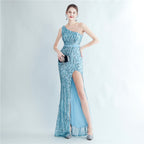 Positioning flower beads single shoulder diagonal collar side split fork long evening dress
