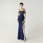 New bead tube craft fishbone strap waist formal banquet dance suspender sequined evening dress