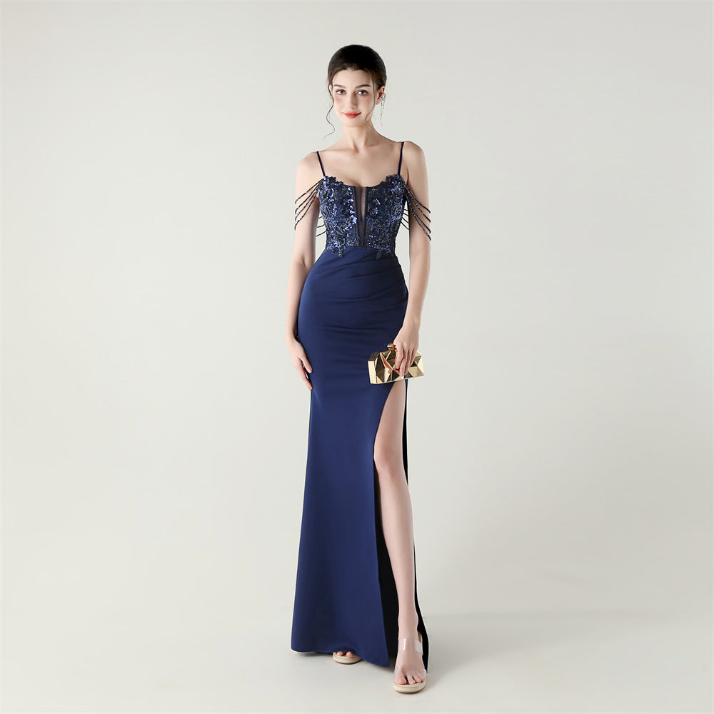 New bead tube craft fishbone strap waist formal banquet dance suspender sequined evening dress