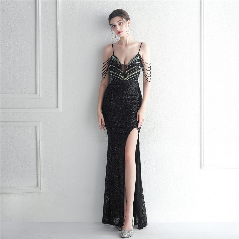Fashion red carpet formal settings bead chain suspender long evening dress