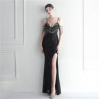 Fashion red carpet formal settings bead chain suspender long evening dress