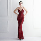 Positioning flower suspender party sequined dress long banquet slim evening dress temperament fishtail skirt