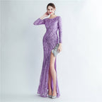 New sequined long-sleeved test split high-end evening dress